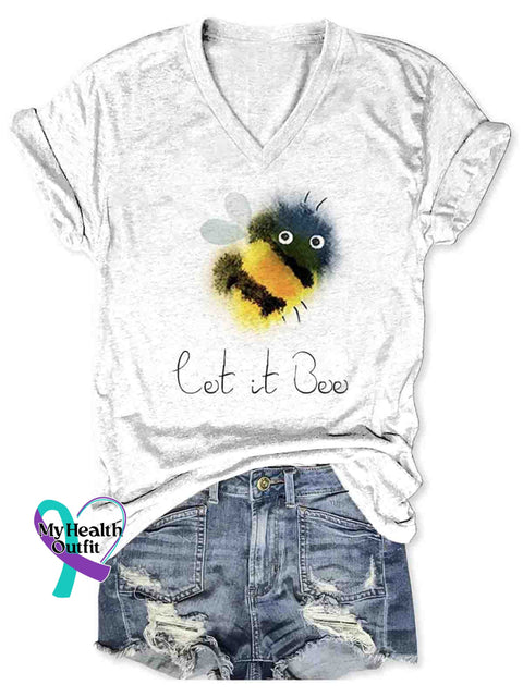 Let It Bee Art V-neck Casual T-Shirt White / S