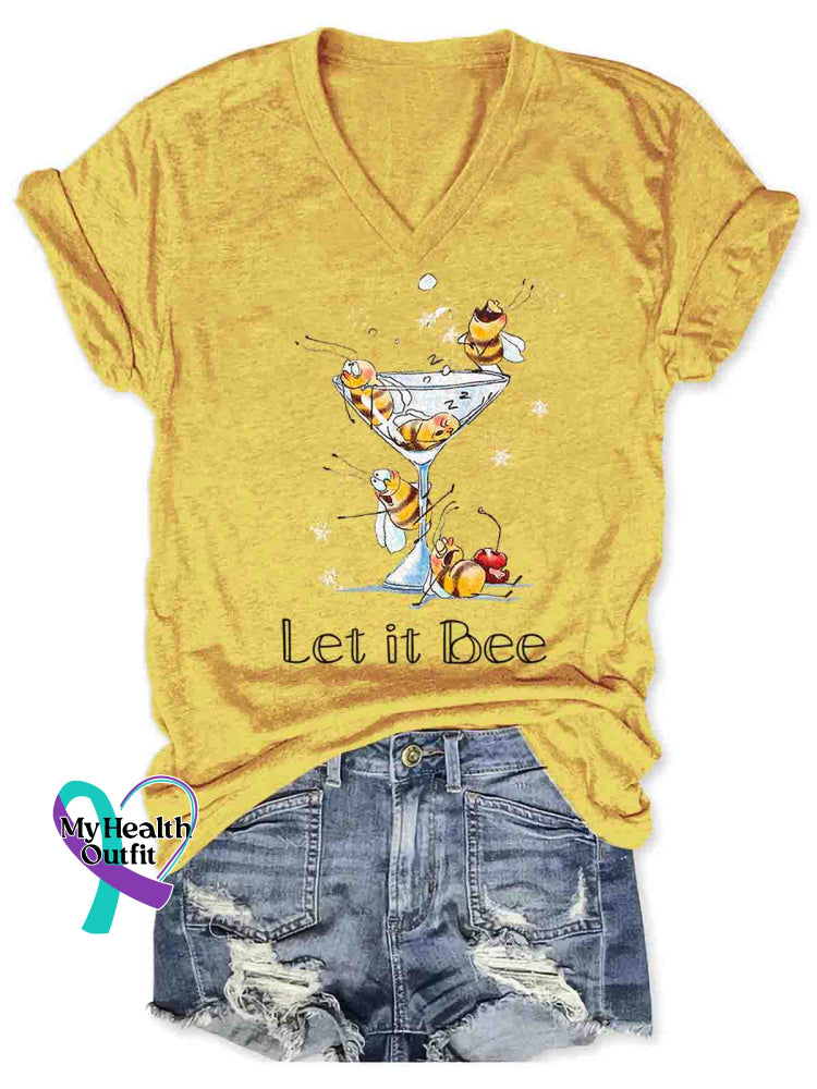 Let It Bee Art V-neck Casual T-Shirt Yellow / S