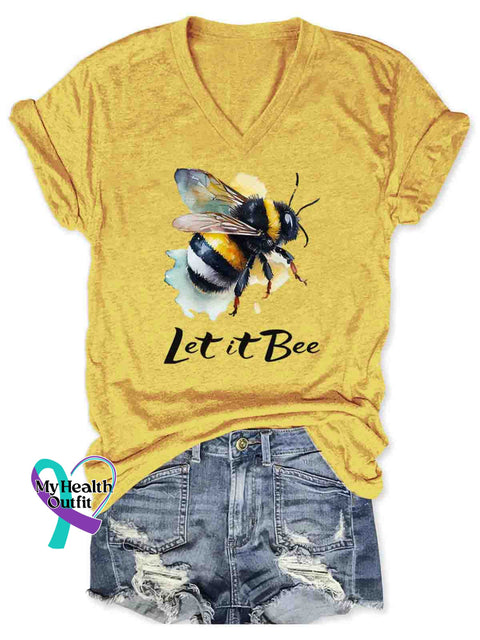 Let It Bee Art V-neck Casual T-Shirt Yellow / S