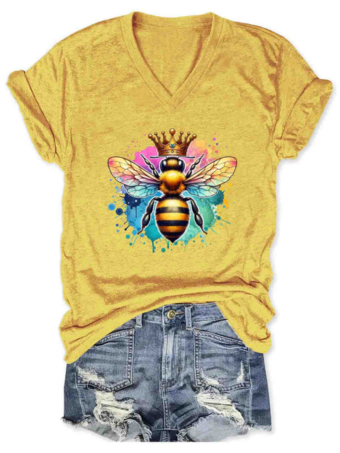 Let It Bee Art V-neck Casual T-Shirt Yellow / S