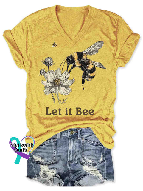 Let It Bee Art V-neck Casual T-Shirt Yellow / S