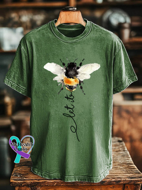 Let It Bee Pattern Art Print Casual Cotton T-shirt DarkGreen / S
