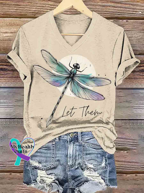 Let Them Dragonfly Art V neck Casual T Shirt Apricot / S