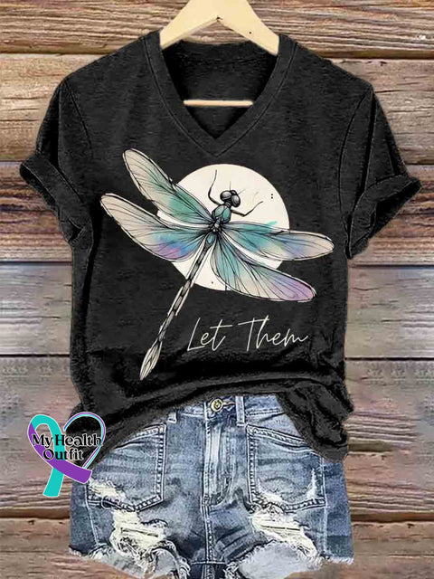 Let Them Dragonfly Art V neck Casual T Shirt Black / S