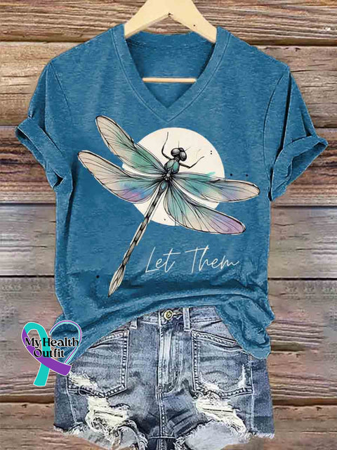 Let Them Dragonfly Art V neck Casual T Shirt Blue / S