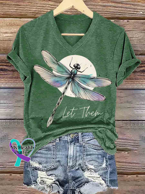 Let Them Dragonfly Art V neck Casual T Shirt Green / S