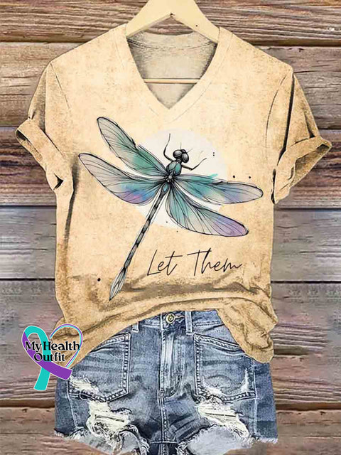 Let Them Dragonfly Art V neck Casual T Shirt Khaki / S