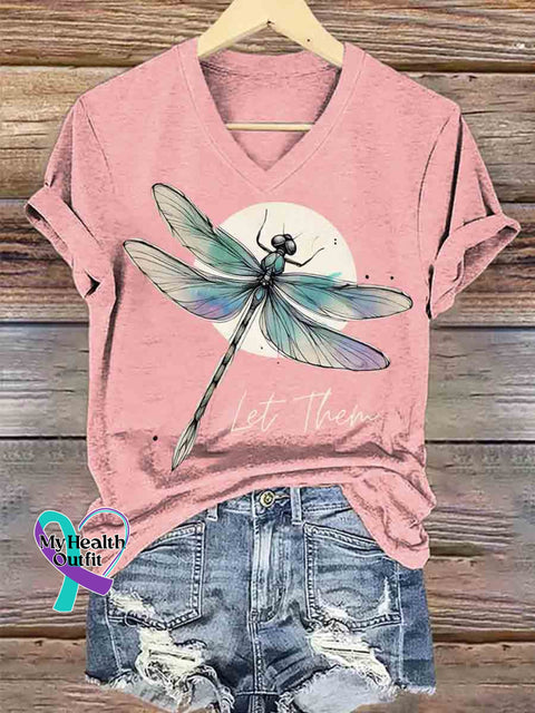 Let Them Dragonfly Art V neck Casual T Shirt Pink / S