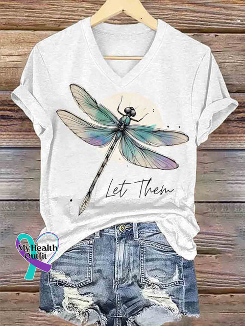 Let Them Dragonfly Art V neck Casual T Shirt White / S