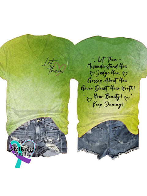 Let Them Heart Print V-Neck Short Sleeve Multicolor / S