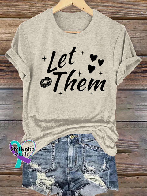 Let Them Lips Print Casual Crew Neck Short Sleeve T-Shirt Beige / S