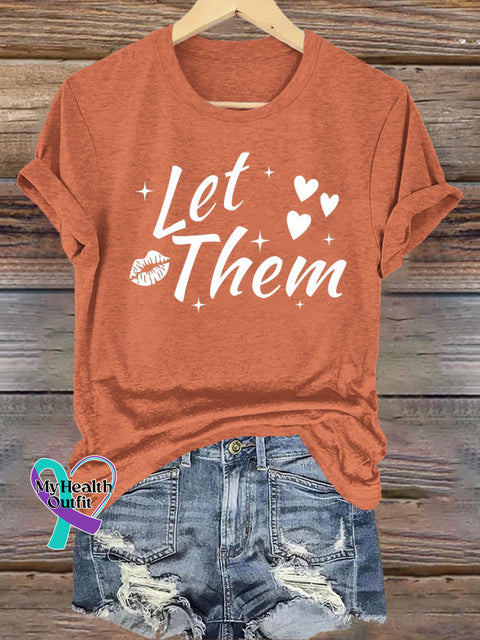 Let Them Lips Print Casual Crew Neck Short Sleeve T-Shirt Orange / S