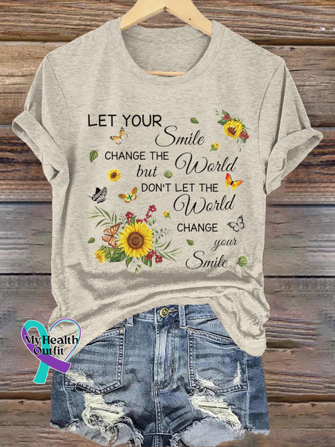 Let You Smile Sunflower Casual Round Neck Short Sleeve Beige / S