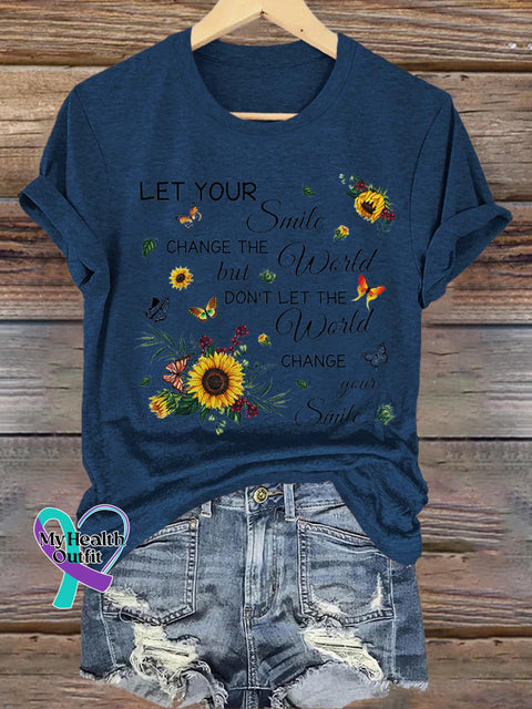 Let You Smile Sunflower Casual Round Neck Short Sleeve NavyBlue / S