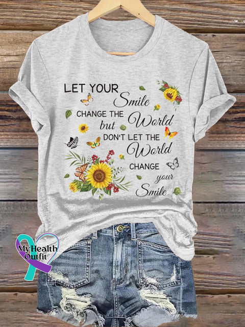 Let You Smile Sunflower Casual Round Neck Short Sleeve White / S
