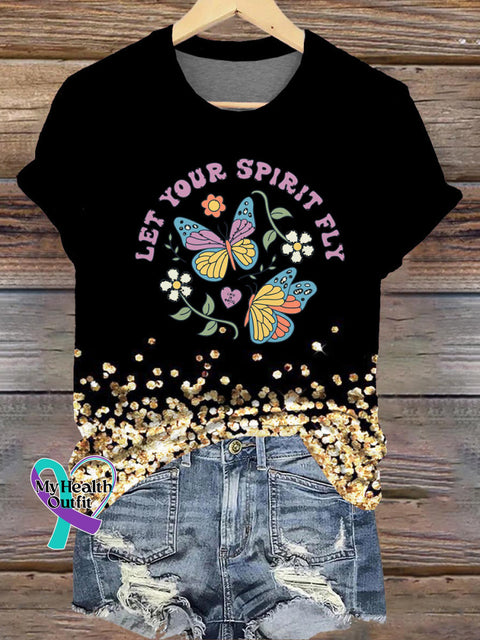 Let Your Spirit Fly Butterfly Print Casual Round Neck Short Sleeve T-Shirt Multicolor / S