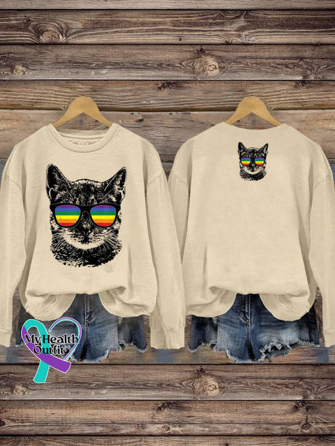 LGBTQ + Rainbow Spectacles Cat Print Casual Crew Neck Sweatshirt Beige / S