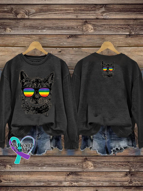 LGBTQ + Rainbow Spectacles Cat Print Casual Crew Neck Sweatshirt Black / S