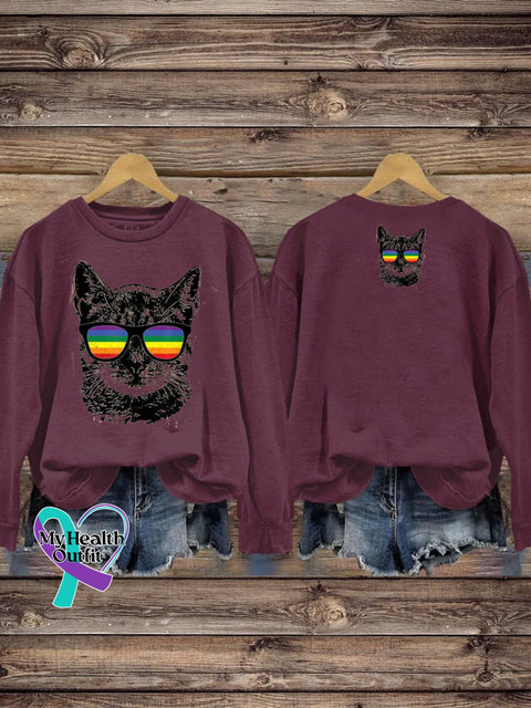 LGBTQ + Rainbow Spectacles Cat Print Casual Crew Neck Sweatshirt Brown / S