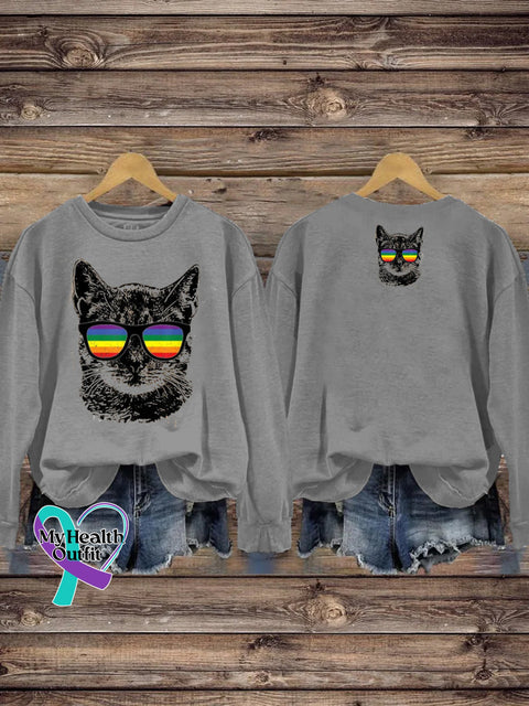 LGBTQ + Rainbow Spectacles Cat Print Casual Crew Neck Sweatshirt Grey / S