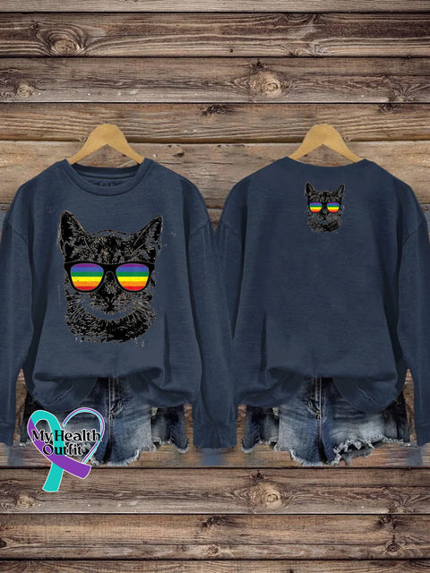 LGBTQ + Rainbow Spectacles Cat Print Casual Crew Neck Sweatshirt NavyBlue / S
