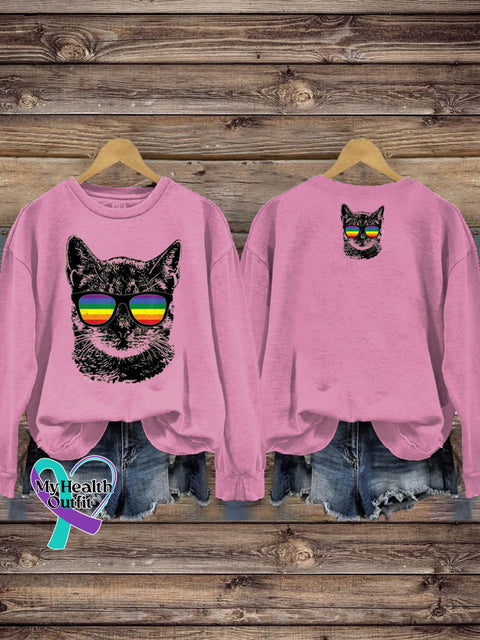 LGBTQ + Rainbow Spectacles Cat Print Casual Crew Neck Sweatshirt Pink / S