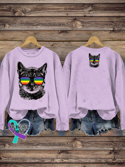 LGBTQ + Rainbow Spectacles Cat Print Casual Crew Neck Sweatshirt Purple / S