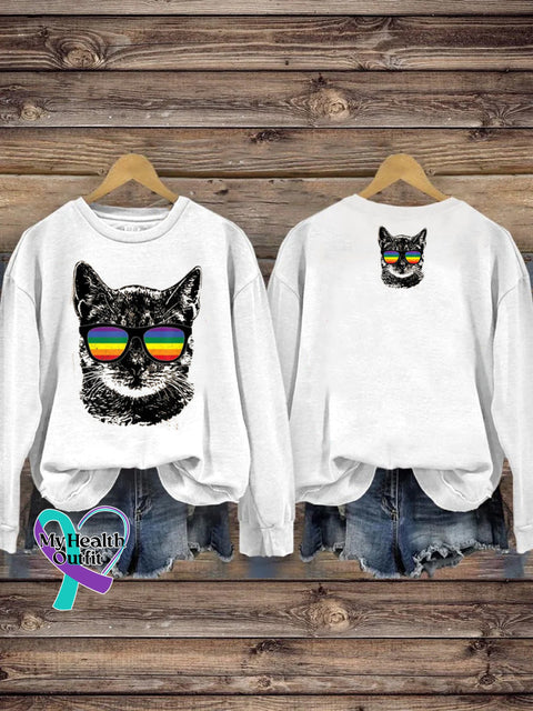 LGBTQ + Rainbow Spectacles Cat Print Casual Crew Neck Sweatshirt White / S
