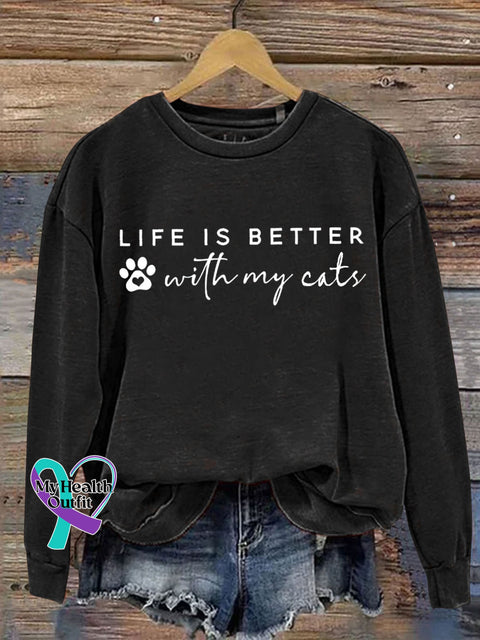 Life Is Better With My Cat Letter Print Casual Sweatshirt Black / S