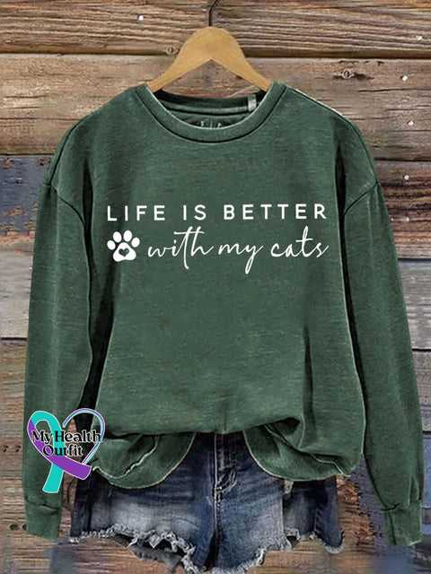 Life Is Better With My Cat Letter Print Casual Sweatshirt Green / S