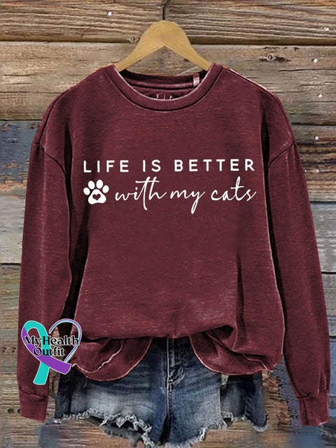 Life Is Better With My Cat Letter Print Casual Sweatshirt Maroon / S