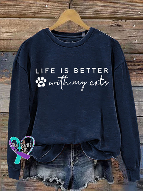 Life Is Better With My Cat Letter Print Casual Sweatshirt Navyblue / S