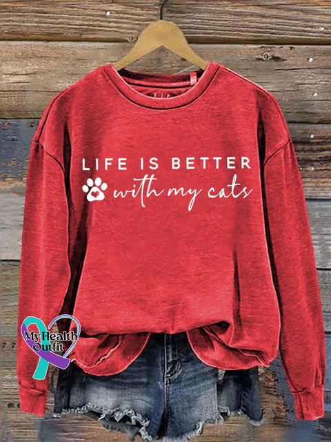 Life Is Better With My Cat Letter Print Casual Sweatshirt Red / S