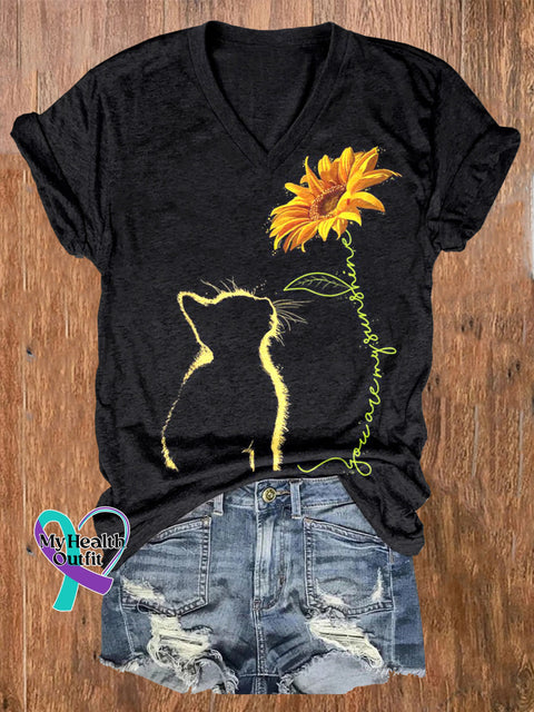 Light and Shadow Kitten Sunflower You Are My Sunshine Printed Casual V-Neck Short-Sleeved T-Shirt Multicolor / S
