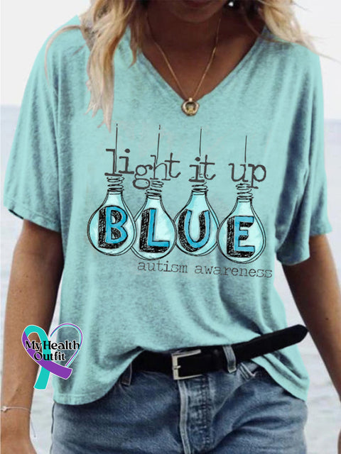 Light It Up Blue Autism Awareness Print Casual Loose V-Neck Short Sleeve T-Shirt Multicolor / S