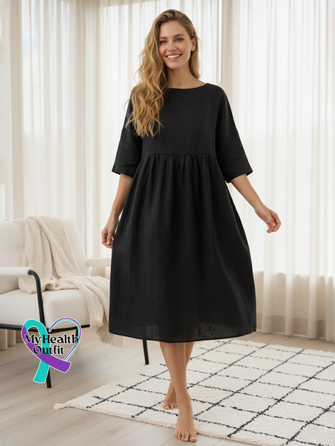 Linen A-Line Midi Dress Black / S