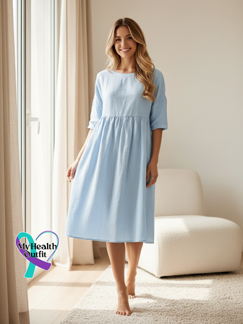 Linen A-Line Midi Dress Blue / S