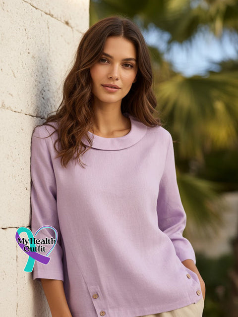 Linen Gingham Checked Round Soft-Fold Collar Top