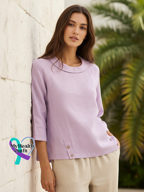 Linen Gingham Checked Round Soft-Fold Collar Top Lavender / S