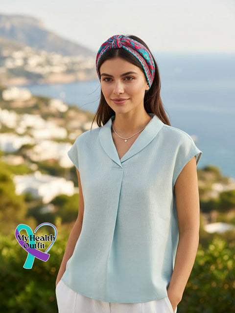 Linen Shawl V-Neck Cap Sleeves Top Blue / S