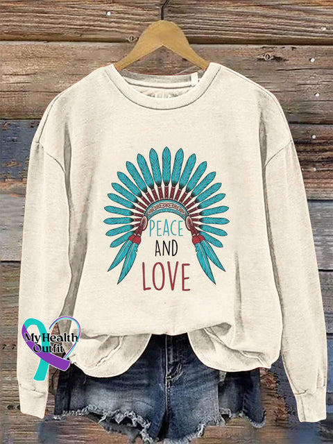 Love and Peace Crew Neck Casual Long Sleeve Sweatshirt Beige / S