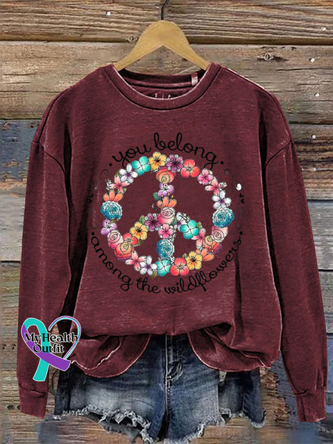 Love and Peace Crew Neck Long Sleeve Casual Sweatshirt Claret / S