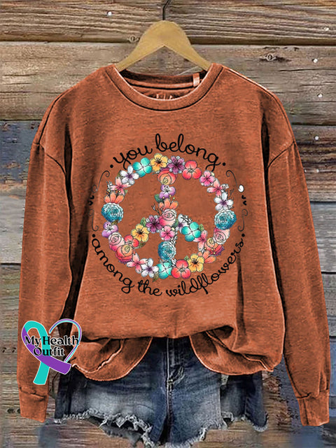 Love and Peace Crew Neck Long Sleeve Casual Sweatshirt Orange / S
