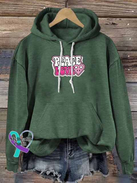 Love and Peace Print Casual Hoodie Green / S