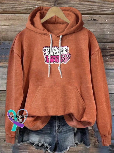 Love and Peace Print Casual Hoodie Orange / S