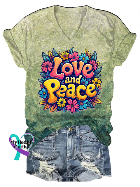Love And Peace Printed Casual V-Neck Short Sleeve T-Shirt Multicolor / S