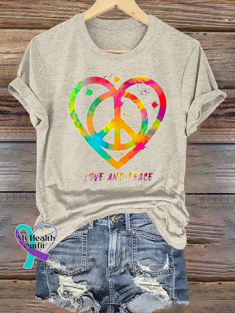 Love And Peace Rainbow Logo Print Casual Round Neck Short Sleeve T-Shirt Beige / S