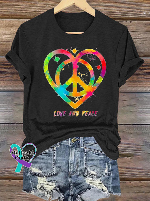 Love And Peace Rainbow Logo Print Casual Round Neck Short Sleeve T-Shirt Black / S