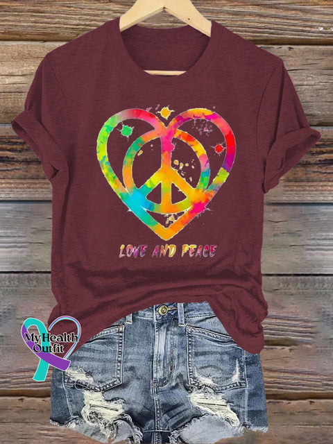 Love And Peace Rainbow Logo Print Casual Round Neck Short Sleeve T-Shirt Brown / S