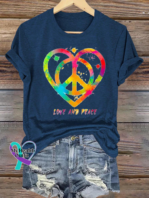 Love And Peace Rainbow Logo Print Casual Round Neck Short Sleeve T-Shirt NavyBlue / S